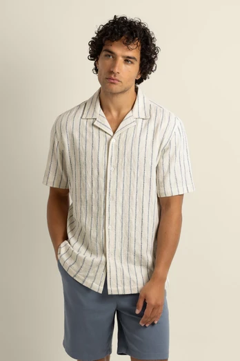 Elias Mens Stripe Jacquard Short Sleeve Shirt - Ecru