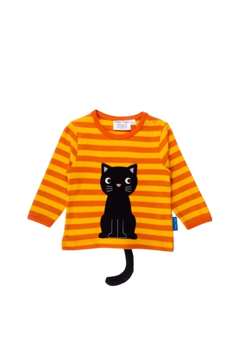 Kids 100% Cotton Black Cat Applique T-Shirt - Orange