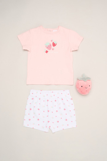 Strawberry Print Kids T-Shirt, Shorts & Toy - Pink
