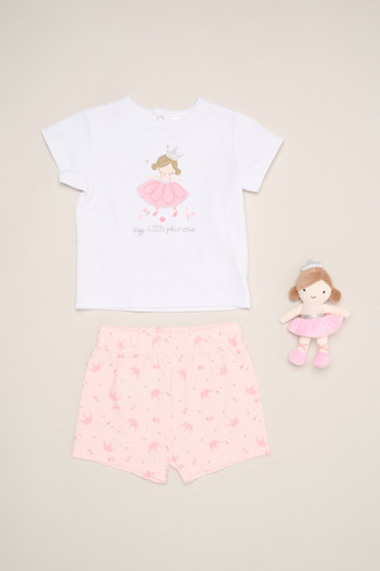 Ballerina Print Kids T-Shirt, Shorts & Toy - Pink