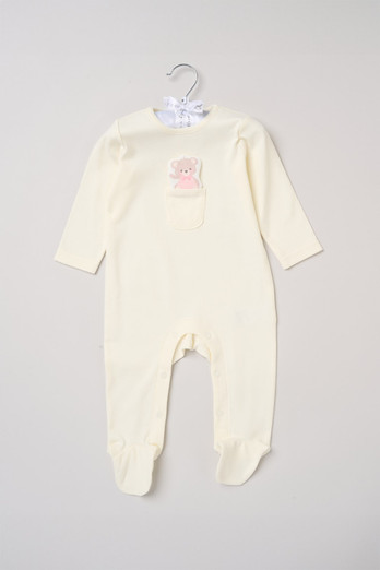 Newborn Appliqué Bear Pocket Kids Sleepsuit - Cream