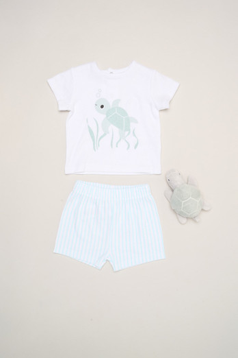 Turtle Print Kids T-Shirt, Shorts & Toy - White