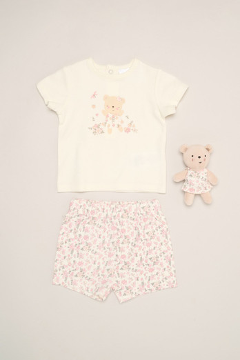 Bear Print Kids T-Shirt, Shorts & Toy - Light Beige