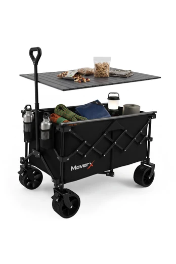 2-in-1 Folding Camping Table Trolley 200L Wagon - Black