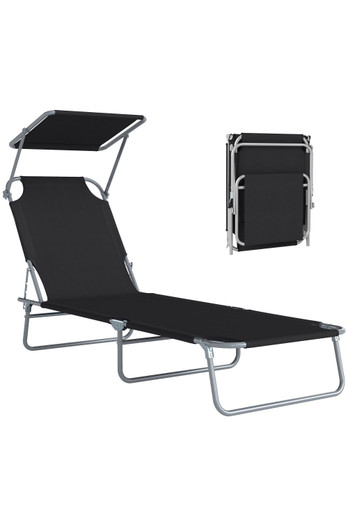Folding Garden Sun Lounger with Canopy - Black