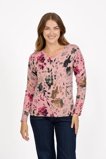 Women's Floral V-Neck Knit Jumper - Pink
