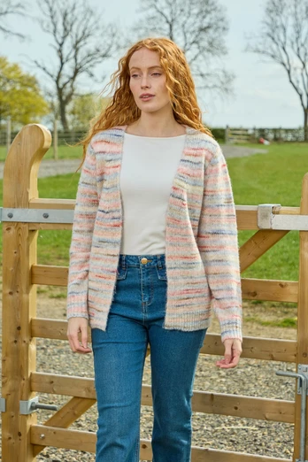 Women's Space Dye Stripe Open-Front Knit Cardigan - Coral