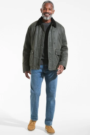 Mens Corduroy Collar Waxed Jacket - Grey Herringbone