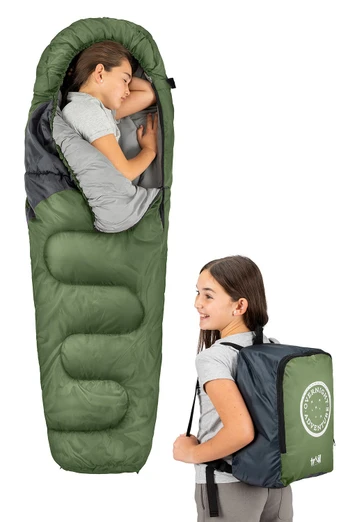 Kids Hooded Mummy Sleeping Bag - Khaki