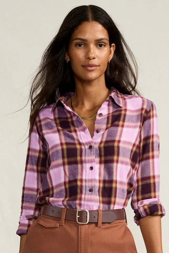 Womens Long Sleeve Flannel Boyfriend Shirt - Pink Vintage Plaid
