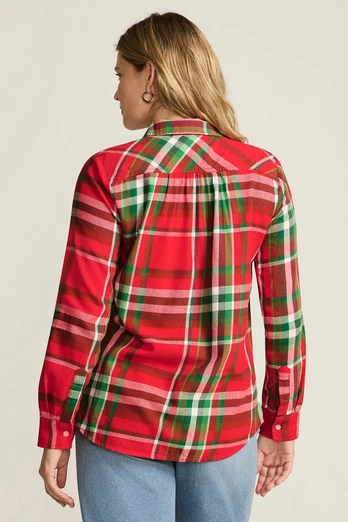 Womens Plus Long Sleeve Flannel Boyfriend Shirt - Compass Red/Emerald Plaid