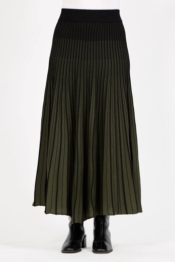 Women's Stripe Knitted Pleated Skirt - Khaki