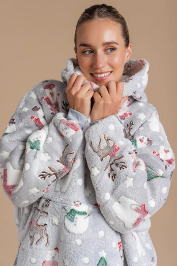 Womens Christmas Print Sherpa Hooded Blanket - Grey