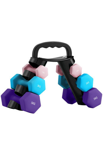 Set of 6 Dumbbells with Storage Rack - Pink, light blue and purple