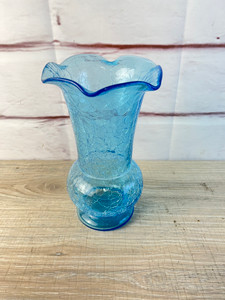 Vintage Blue Crackle Glass Vase 9"