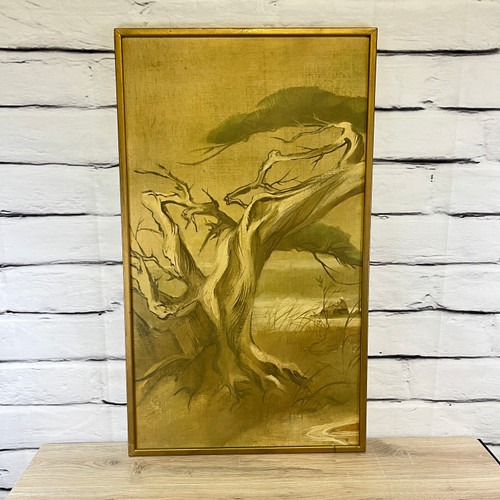 Vintage MCM Gold Framed Art Tree Asian Yellow Brown