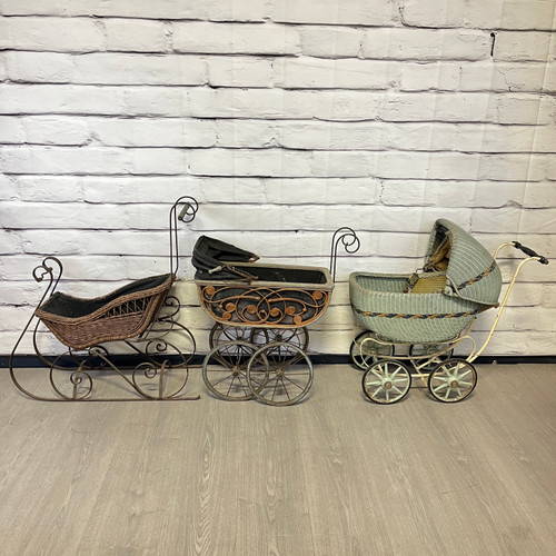 Vintage Antique Victorian Baby Doll Buggy Stroller Sleigh Lot 3pc