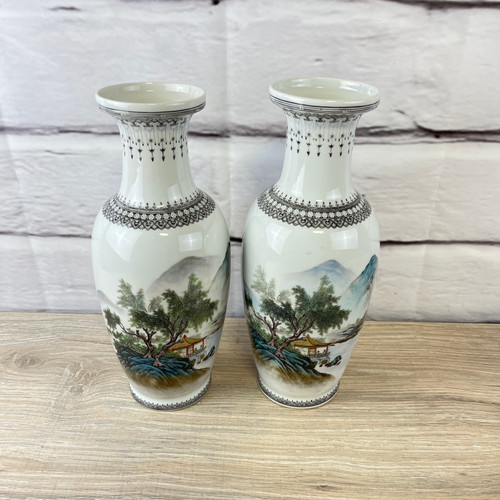 Vintage Asian Vase 2pc Lot Mountain Chinese