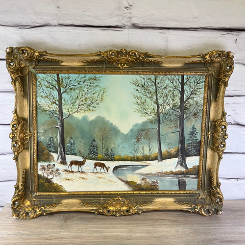 Vintage Original Painting Deer Snow Trees Ornate Gold Ivory Frame