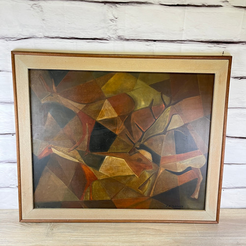 MCM Vintage Abstract Deer Art Geometric Brown