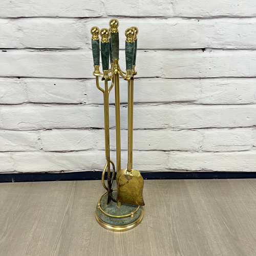 Green Marble & Gold Brass Fireplace Tool Set