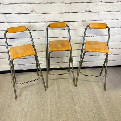 3 Folding Wood Metal Bar Stools Chairs