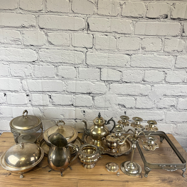 Vintage Silverplated Dishes Lot Teapot Sugar Creamer Etc 17pc
