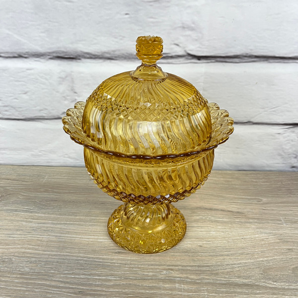 Large Yellow Amber Glass Candy Cookie Jar W/ Lid