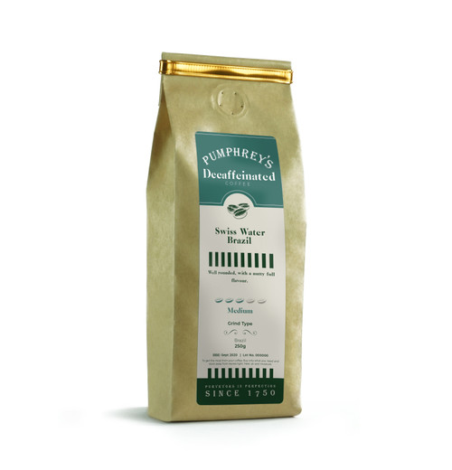 Swiss Water Brazil coffee beans in a gold bag Swiss Water Brazil coffee beans in a gold bag
