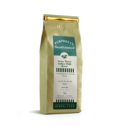 Swiss Water Italian High Roast coffee beans in a gold bag Swiss Water Italian High Roast coffee beans in a gold bag