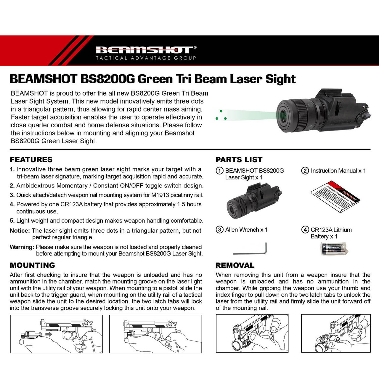 BEAMSHOT BS8200G Triple Dot Green Laser Sight for Pistol with M1913