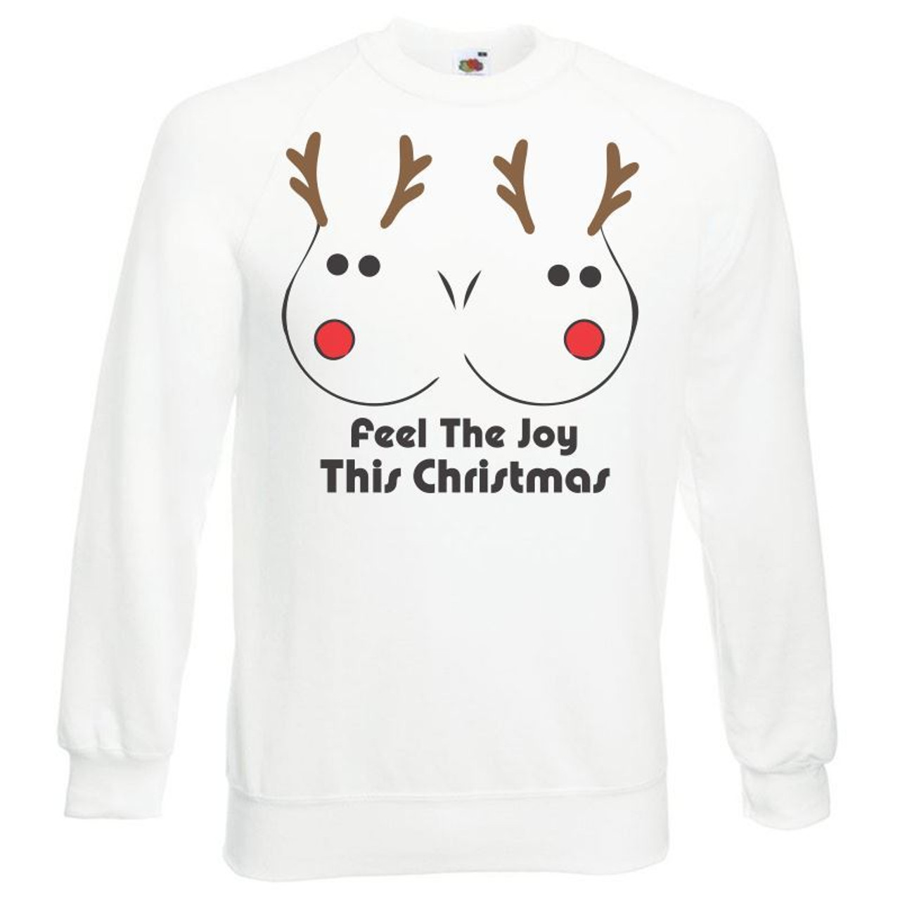 Adults Feel The Joy This Xmas Rudolph Boob Reindeer Adult Humour Festive  White Christmas Jumper - Dragons Den Fancy Dress Ltd