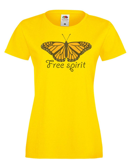 Womens Free Spirit Butterfly Insect Wild Nature Freedom Lady Fit Yellow T-Shirt Womens Free Spirit Butterfly Insect Wild Nature Freedom Lady Fit Yellow T-Shirt