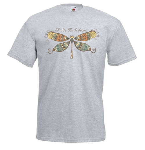Adults Made With Love Dragonfly Insect Floral Boho Unisex Grey T-Shirt