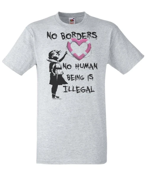 Adults No Borders No Human Being is Illegal Banksy Street Art Unisex Grey T-Shirt