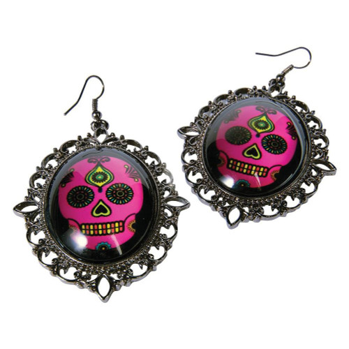 Adults Pink Sugar Skull Day of the Dead Mexican Fancy Dress Costume Earrings