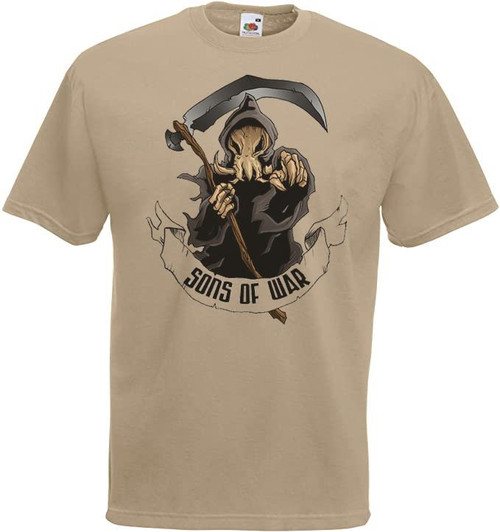 Mens Sons Of War Grim Reaper Fantasy Gaming Club Unisex Khaki T-Shirt