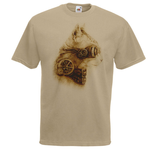 Mens Steampunk Goggles Cat Feline 1980s Victorian Unisex Khaki T-Shirt
