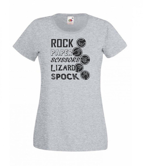 Womens Rock Paper Scissors Spock Lizard Funny TV Show Lady Fit Grey T-Shirt