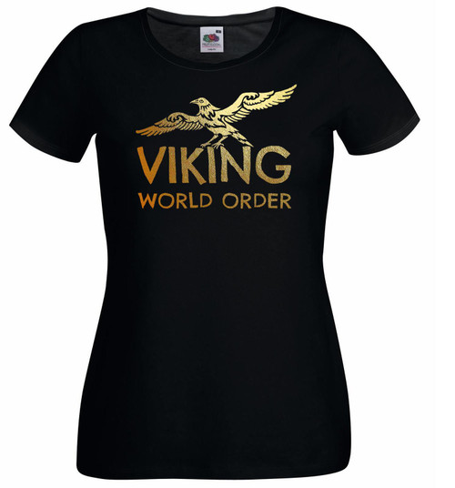 Womens Viking Larp Warrior World Order Eagle Shield Maiden Lady Fit Black T-Shirt