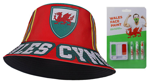 Adults Wales National Flag Bucket Hat & Face Paint St Davids Day Welsh Supporters Headwear