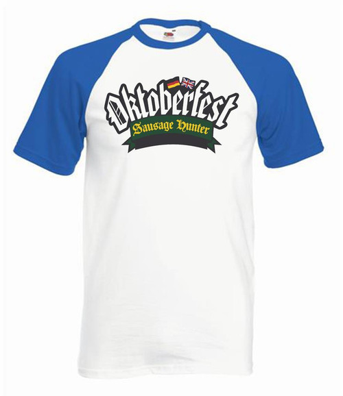 Adults White & Blue Oktoberfest Bavarian Beer Festival Sausage Hunter Unisex T-Shirt Adults White & Blue Oktoberfest Bavarian Beer Festival Sausage Hunter Unisex T-Shirt