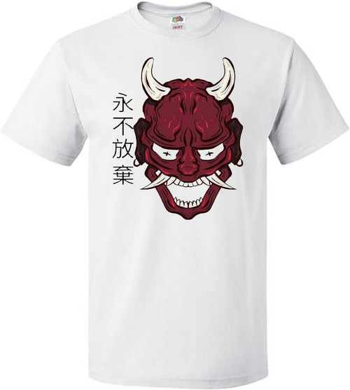 Adults Japanese Oni Demon Never Give Up Oriental Quote Unisex White T-Shirt