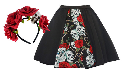Adults Mexican Day of The Dead Panel Skirt & Headband Halloween Fancy Dress [2 Sizes]