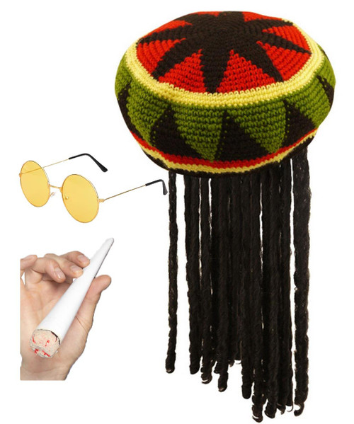 Adults Rasta Rastafarian Tam Hat With Dreadlocks Sunglasses & Fake Spliff Fancy Dress Costume Accessory