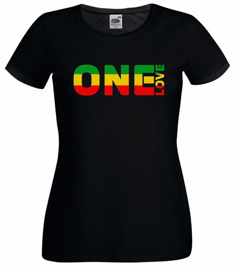 Womens One Love Rasta Rastafarian Jamaica Lady Fit Black T-Shirt