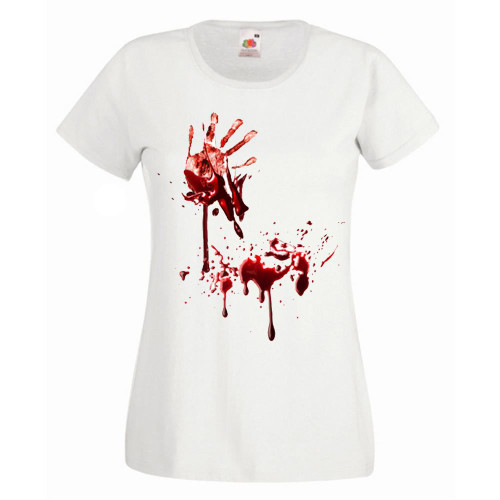 Womens Bloody Hand Splat Print Halloween Victim Horror Lady Fit White T-Shirt Womens Bloody Hand Splat Print Halloween Victim Horror Lady Fit White T-Shirt