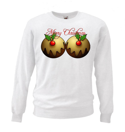Adults Novelty Xmas Pudding Boobs Funny Festive White Christmas Jumper