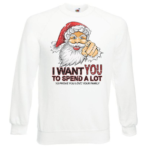Adults Corporate Greed Santa Claus Statement Festive Unisex White Christmas Jumper Adults Corporate Greed Santa Claus Statement Festive Unisex White Christmas Jumper