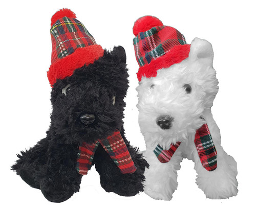 18cm Black or White West Highland Terrier With Tartan Hat & Scarf Soft Toy Scottie Dog Teddy